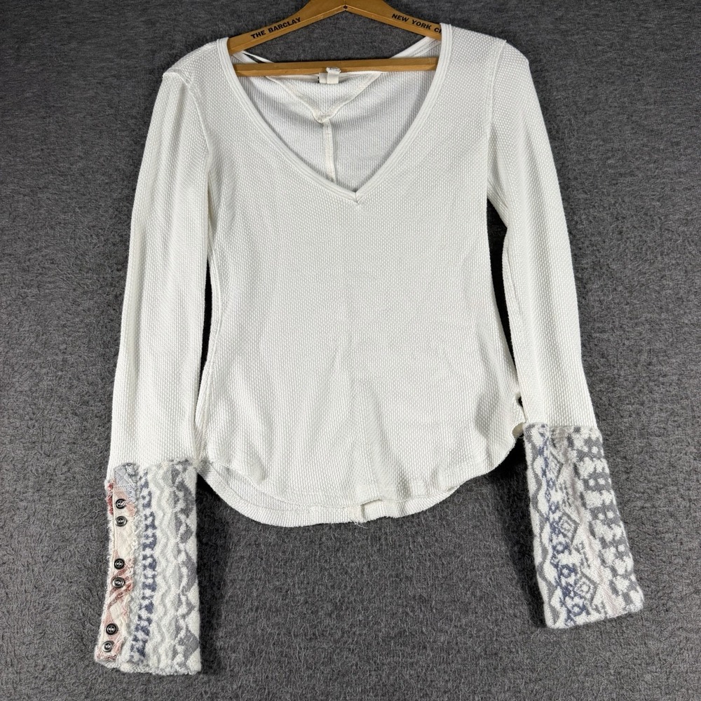 We the Free Art School Thermal V Neck Waffle Knit Detailed Cuff Boho Stretch S